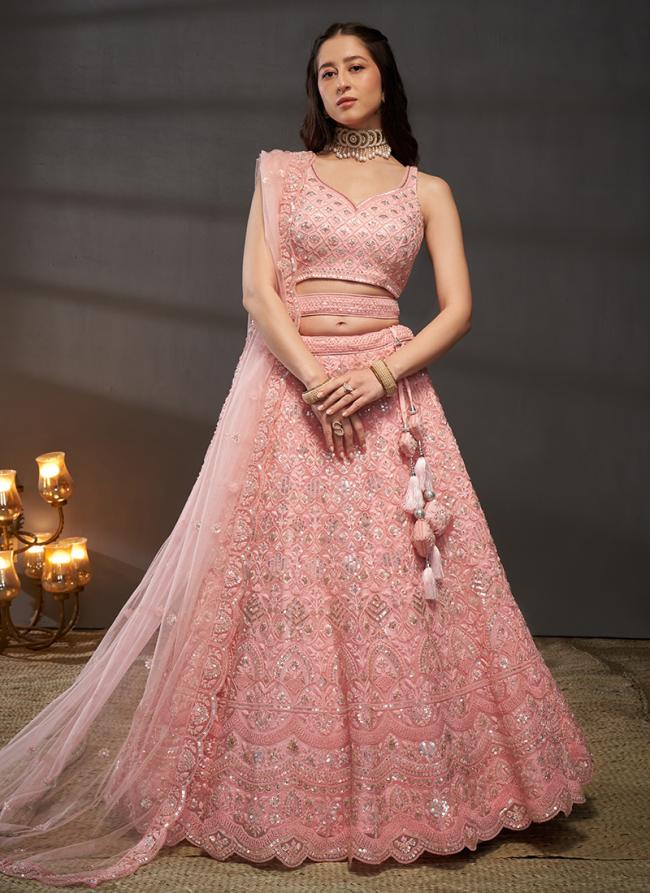 Net Pink Bridal Wear Sequins Work Lehenga Choli